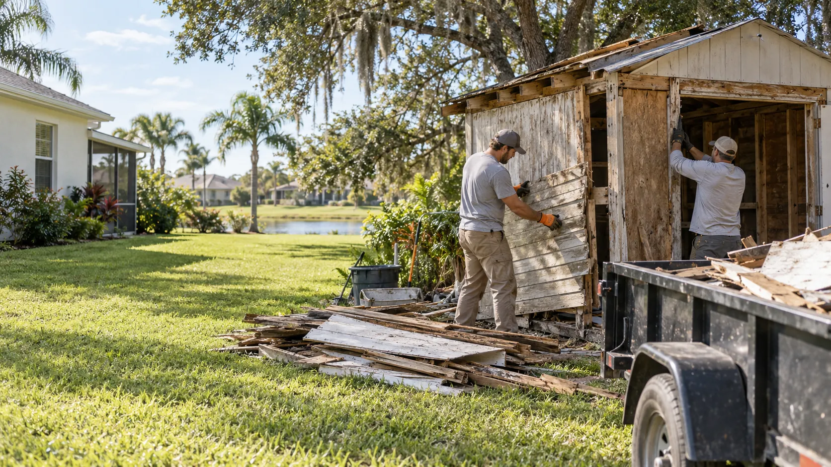 Workers dismantling a weathered wooden shed in a Florida backyard